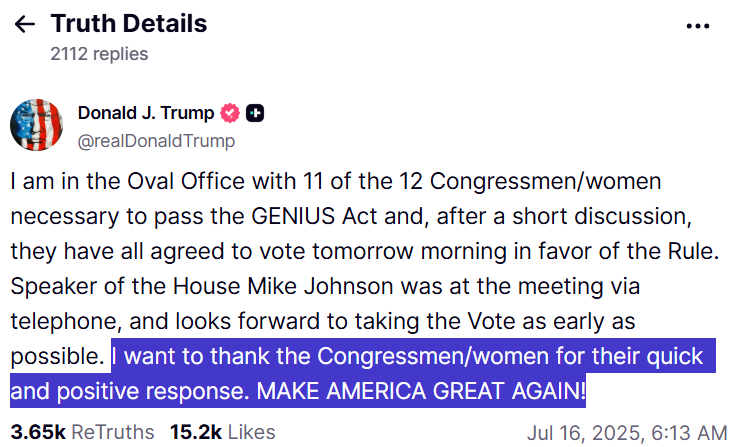 Trump Says 11 Of 12 Republicans Needed Now Support Stablecoin Bill After Earlier Setback — They’ve All Agreed To Vote In Favor