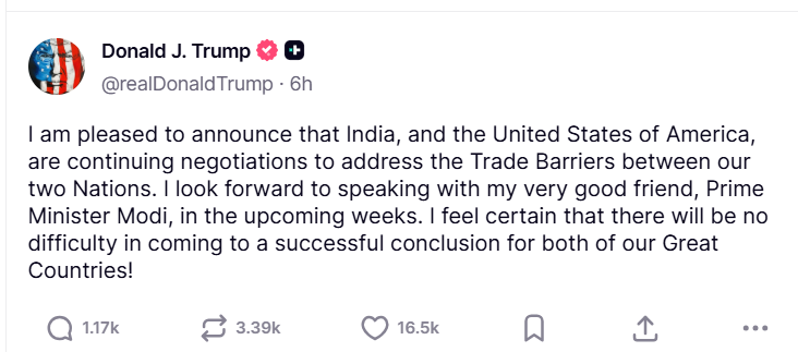 Trump To Speak With ‘Good Friend’ Modi Soon, Says Trade Talks Ongoing With India — Polymarket Traders Boost Odds of Deal