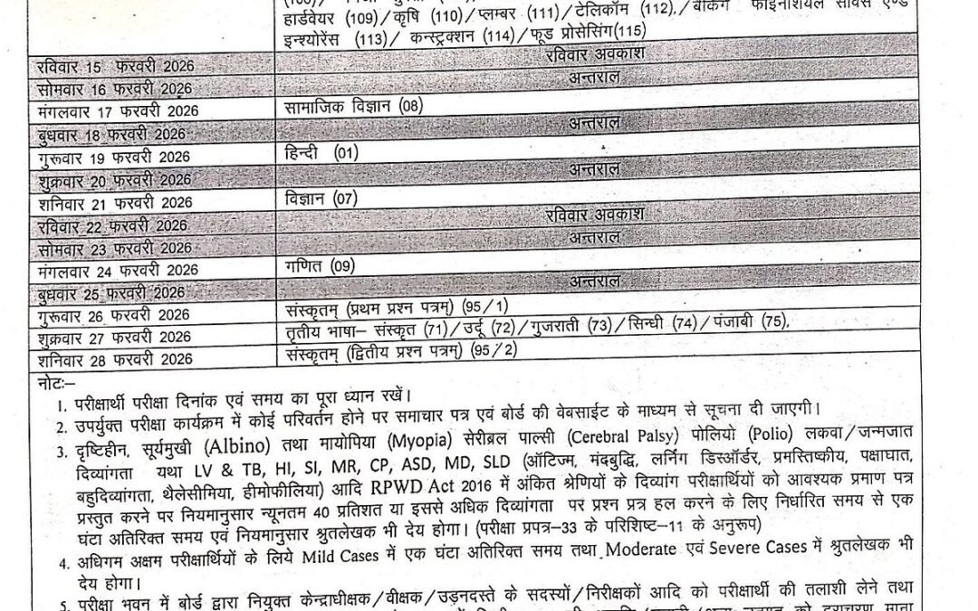 RBSE Time Table 2026 For Class 10 And 12 Released; Exams To Begin On Feb 12 – Check Datesheet Here